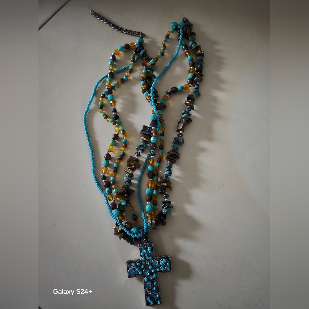 Turquoise and Brown Beaded Necklace with Cross Pendant